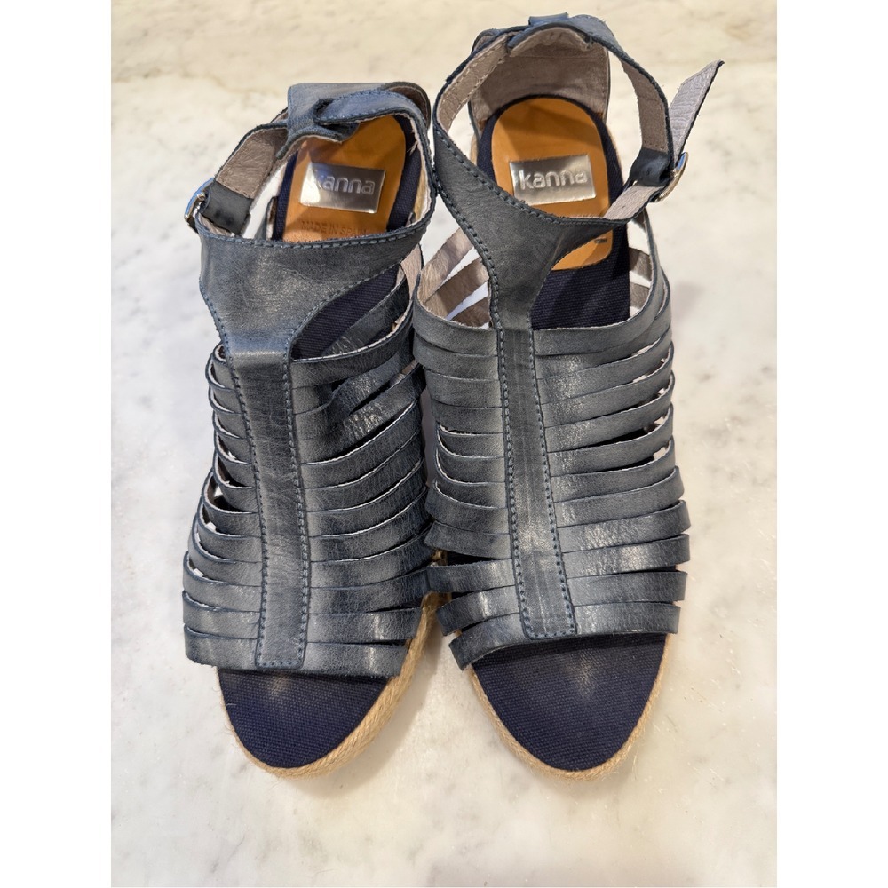 Kanna Espadrille Wedge Sandals Leather Strappy Blue Platform Size 37‎
